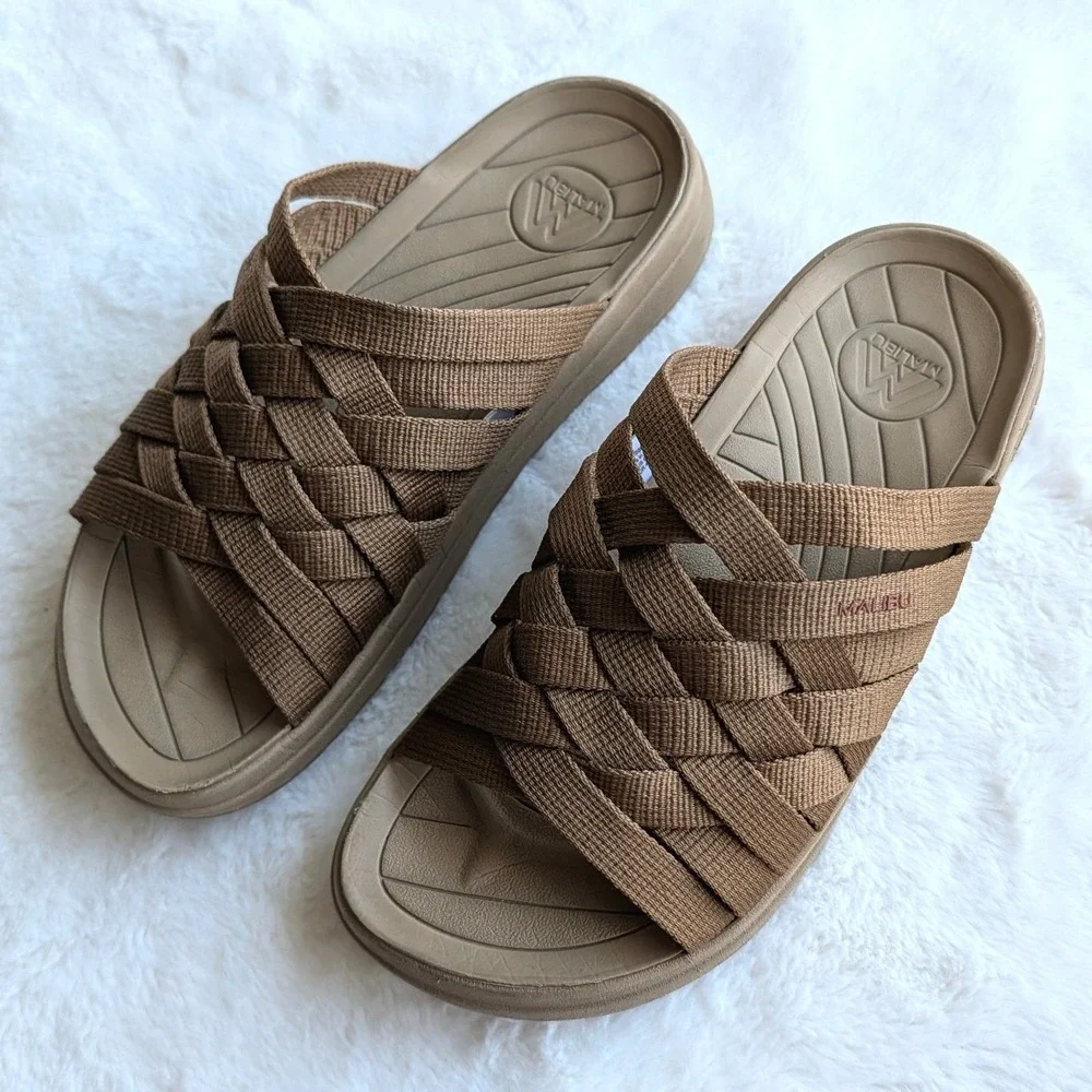 Malibu Sandals Colony Classic Woven Nylon Slides Tan Mens 8 Vegan Water Friendly